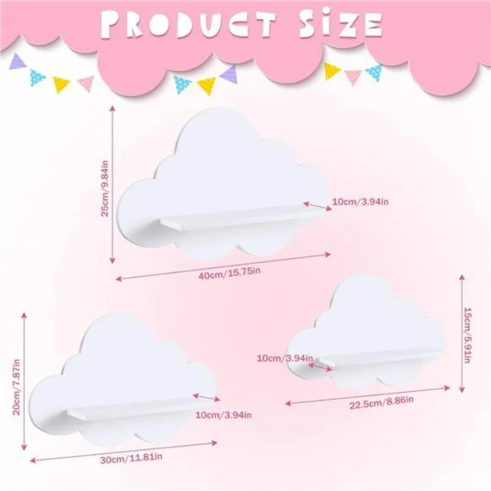 Set of 3 White Cloud Floating Shelves Wall Mounted Nursery Bedroom Bathroom Deco